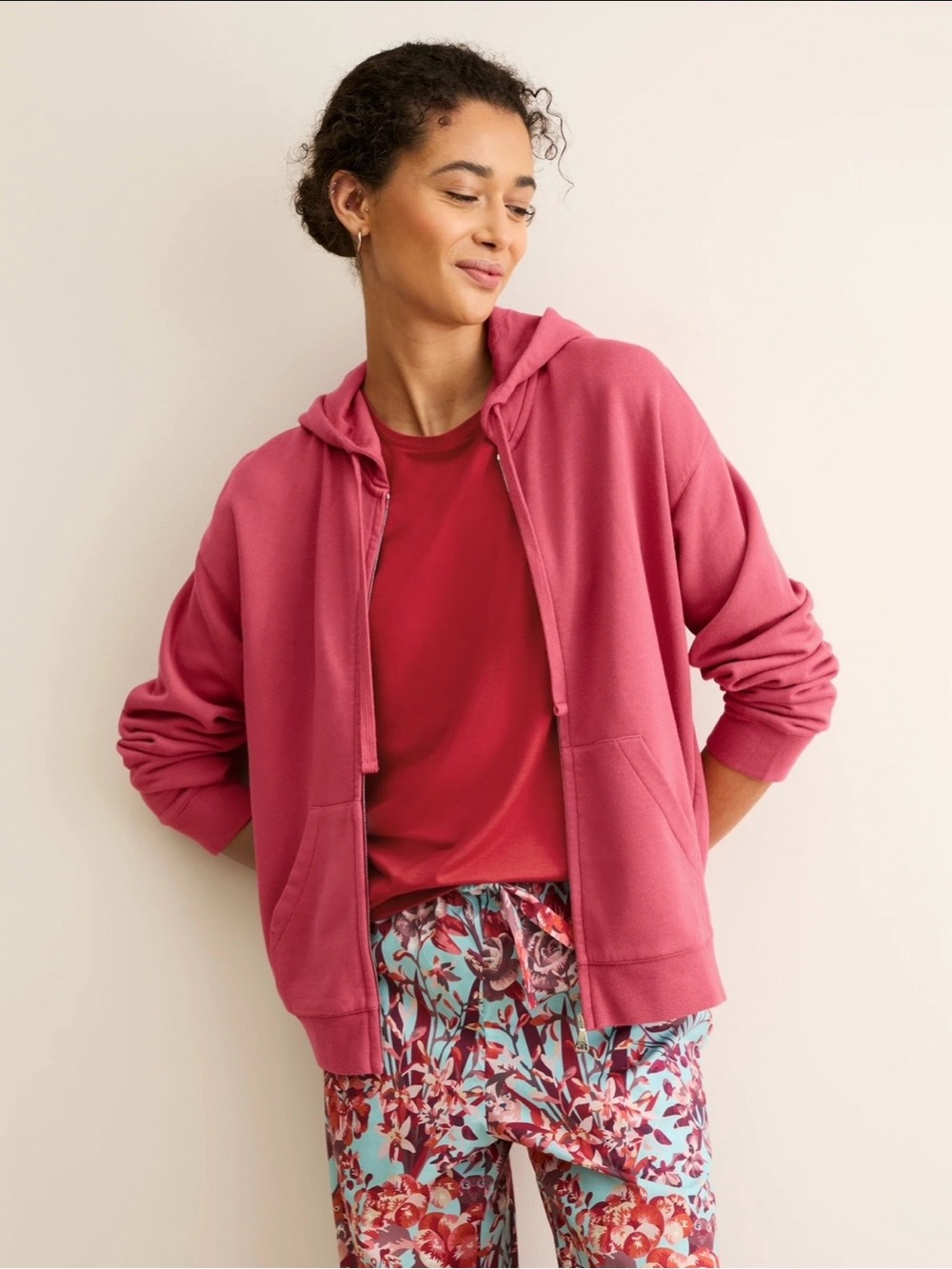 Garnet Hill Full Zip Hooded Knit Jacket Front Pockets Drawstring Women L Coral